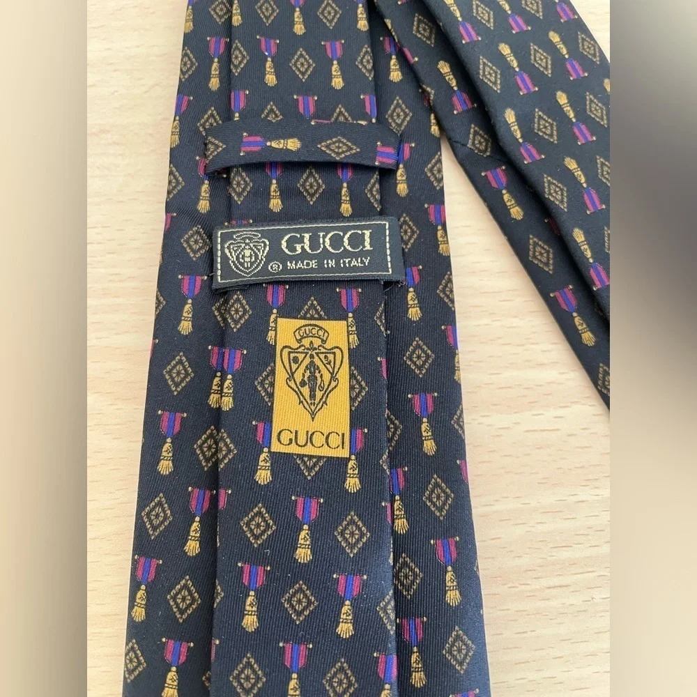 Gucci Black Silk Tie Gold Tassels,Fuschia Pink and blue Pattern Vintage BNWOT